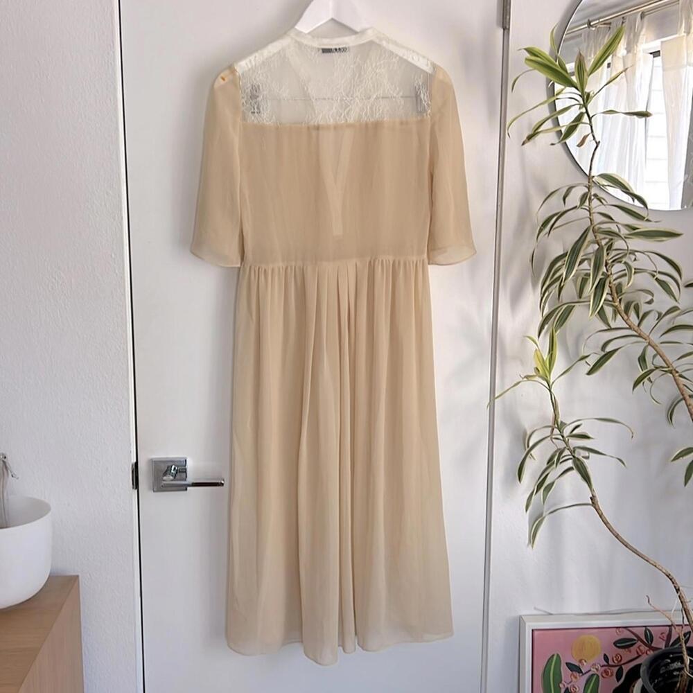 SANDRO Paris Beige and White Silk Popover Short Sleeve Midi Dress Size M - Picture 3 of 5